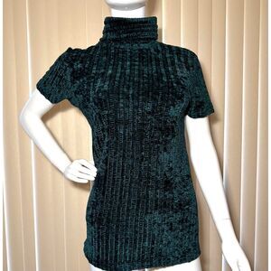 Betty Blue Green Textured Velvet Turtleneck Short Sleeve Top Size M